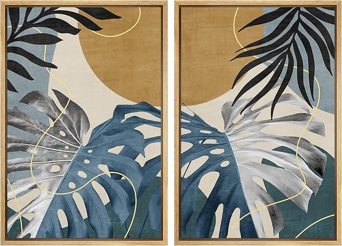 SIGNFORD Framed Canvas Print Wall Art Set Jungle Tropical Monstera Palm Leaf Abstract Shapes Illustration Modern Art Decorative Nordic Nature for Living Room, Bedroom, Office - 24"x36"x2 Natural