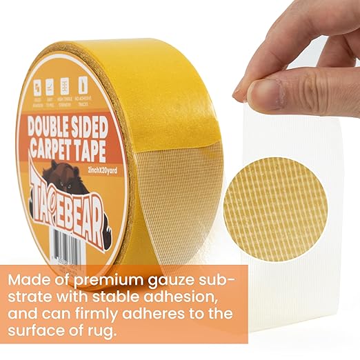 TAPEBEAR Double Sided Carpet Tape 2Inch x 20Yards, Heavy Duty Rug Tape Residue-Free Carpet Gripper for Area Rugs, Wood, Floor, Multipurpose Gripper Non Slip Tape