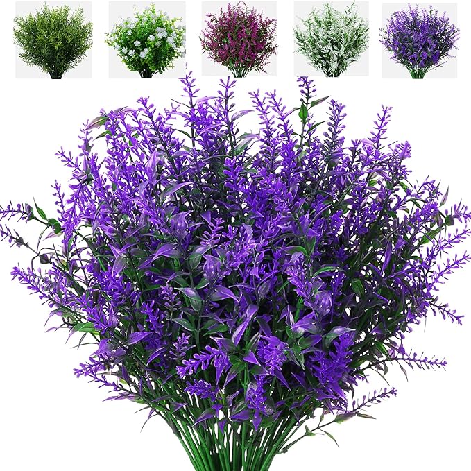 8 Pack Artificial Plants Flowers Grass Shrubs Lavender No Fade Faux Plastic Flowers Outdoor for Farmhouse Garden Porch Patio Indoor Wedding Decoration Greenery Fake Plants uv Resistant