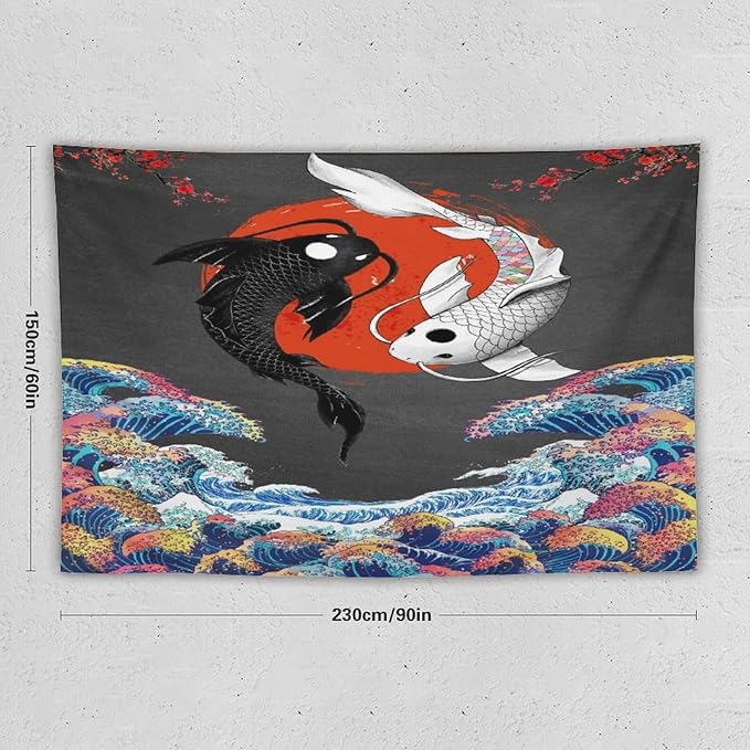 Houselerax Japanese Koi Fish Tapestries, Yin Yang Big Wave Cherry Blossom Tapestry Wall Hanging for Bedroom Living Room Office Decor 90"x60"