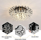 CVKASH Crystal Floral Chandelier 4-Light Antique Modern Black Flush Mount Raindrop Crystal Ceiling Lighting Fixture Chandelier for Living Room Bedroom Dining Room Entryway D17.71 H8.26