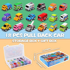 18 Pack Assorted Pull Back Car Toys for Kid with Storage Organizer Box, Mini Model Vehicle Set with Display Case for Child Toddler, Small Play Truck Bulk for Boy and Girl Party Favors, Birthday Gift