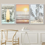 SIGNWIN Framed Canvas Print Wall Art Set Vintage Palm Tree Beach View Sailboat Ocean Nature Wilderness Photography Modern Art Landscape Relax/Calm for Living Room, Bedroom, Office - 16"x24"x3 White
