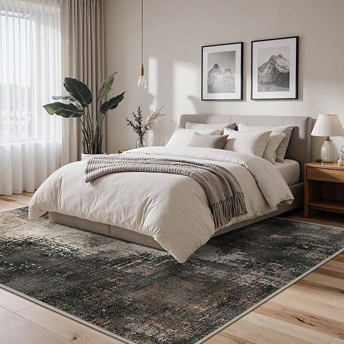 Area Rugs 8x10 for Living Room Bedroom, Modern Abstract Machine Washable Rug, Large Soft Low Pile Floor Carpet with Non Slip Backing for Dining Room, Brown