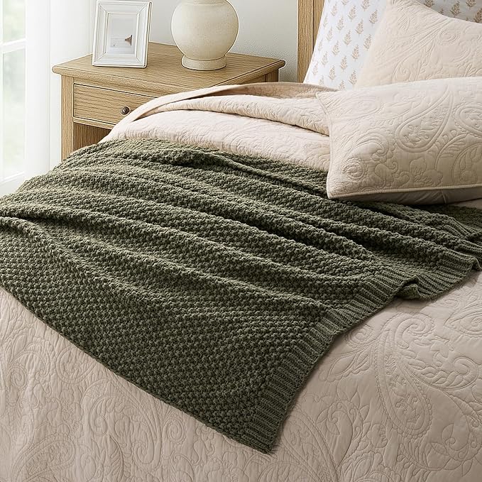 Chunky Chenille Knit Throw Blanket for Couch, Soft Luxurious Moss Stitch Blankets for Bed, Cozy Decorative Farmhouse Knitted Throws for Sofa, Olive Green, 60" x 80"
