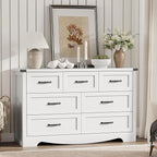 Dresser for Bedroom with 7 Drawers, 48" Wide Modern Chest of Drawers with Deep Drawers & Mental Handle, Wood Dresser TV Stand, Wooden Closet Storage Organizer for Living Room, Hallway, Entryway, White