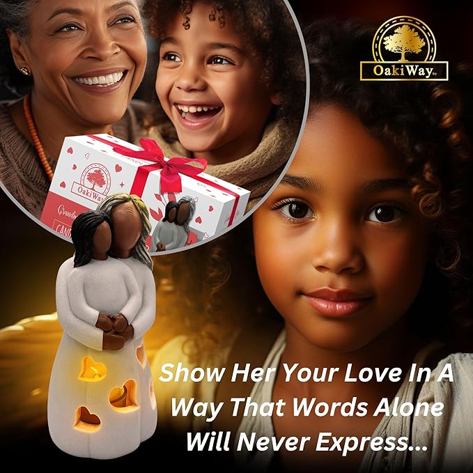 Grandma-Granddaughter Hand-Painted Candle Holder Statue W/Flickering LED Candle | Unique Nana Present Ideas for Christmas, Gigi Grandmother Birthday Gift, Greeting Card Included (Dark)