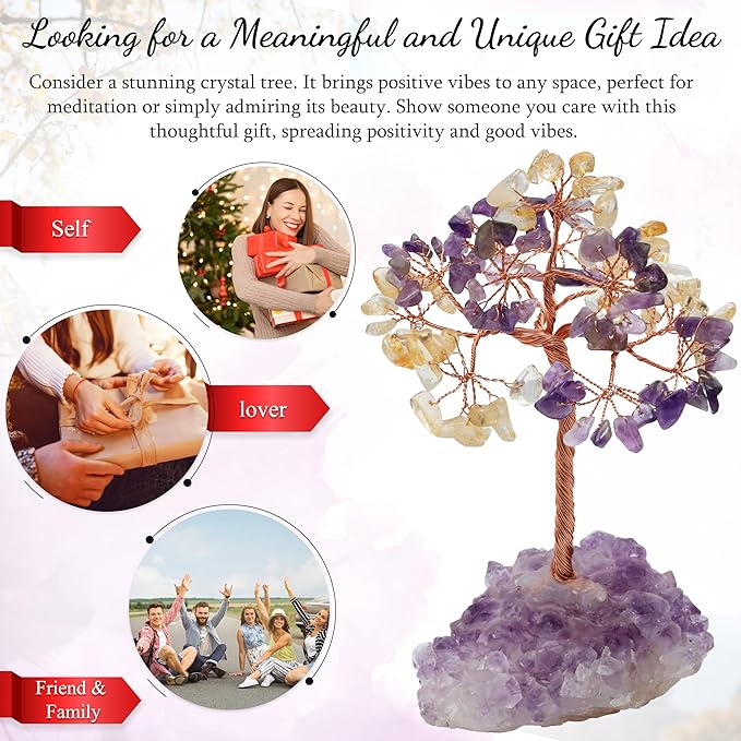 Amethyst & Citrine Crystal Tree with Cluster Base Tree of Life Decor for Shelf, Bedroom, Birthday Gifts for Women, Sister Gift, Birthday Gifts for Mom, Cute Home Office Decor Housewarming Present