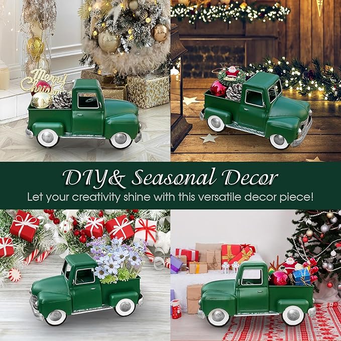 Farmhouse Green Truck Decor, Metal Pickup Truck Planter, Truck Decor, Vintage Truck Decor Desktop Storage Decor Model for Home Indoor and Outdoor Table Center Decor