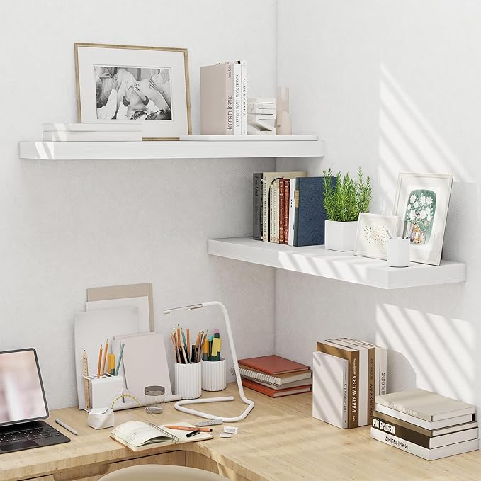 Floating Shelves Set of 2, 36 Inch Long Wooden Wall Shelves, 10 Inch Deep Wall Mounted Storage Shelf with Metal Brackets for Living Room, Bathroom, Bedroom and Kitchen, White