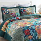 ENASAL Cotton Bedspread Quilt Sets Reversible Bedding Coverlet Sets Comforters, Patchwork Vintage Floral Turquoise Bedspread, King Size
