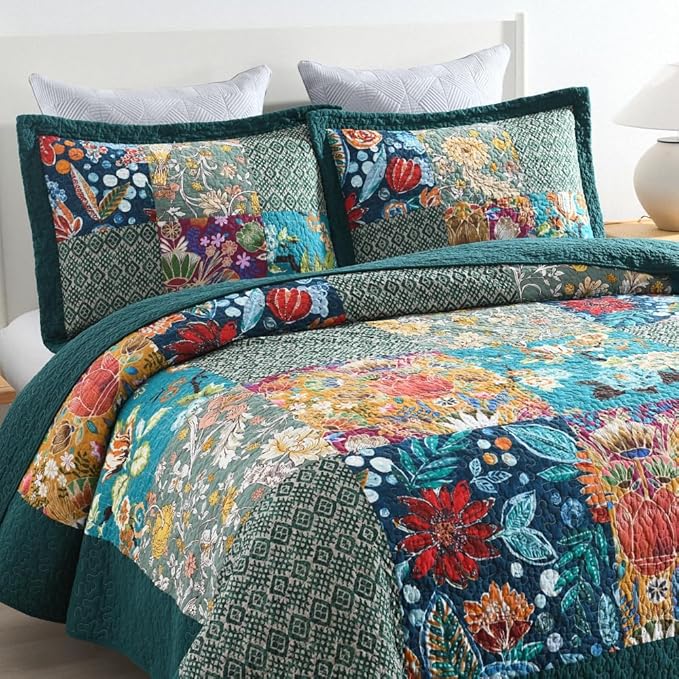 ENASAL Cotton Bedspread Quilt Sets Reversible Bedding Coverlet Sets Comforters, Patchwork Vintage Floral Turquoise Bedspread, King Size