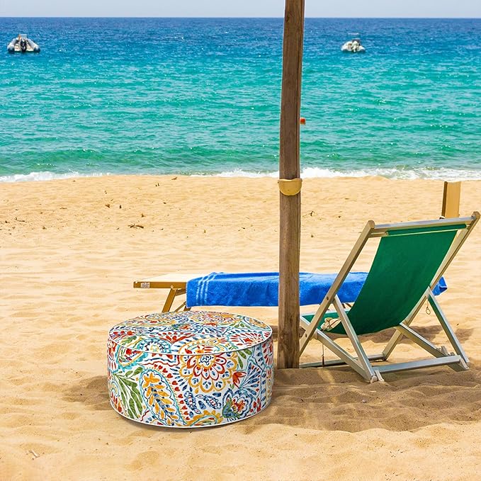 Inflatable Ottoman Stool D21 xH9 for Outdoor/Indoor Use, Water Repellent Patio Foot Rest Stool with Portable Handle,Round Pouf Ottoman Suitable for Garden,Deck and Camping - Paisley Multi