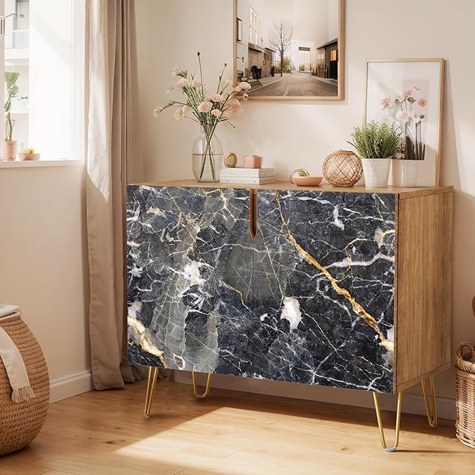 SIGNWIN Sideboard Buffet Cabinet, Kitchen Storage Cabinet with 2 Doors, Black & Gold Marble Granite Patterns, Cupboard Console Table for Dining Room - 35" L x 18" W x 29" H