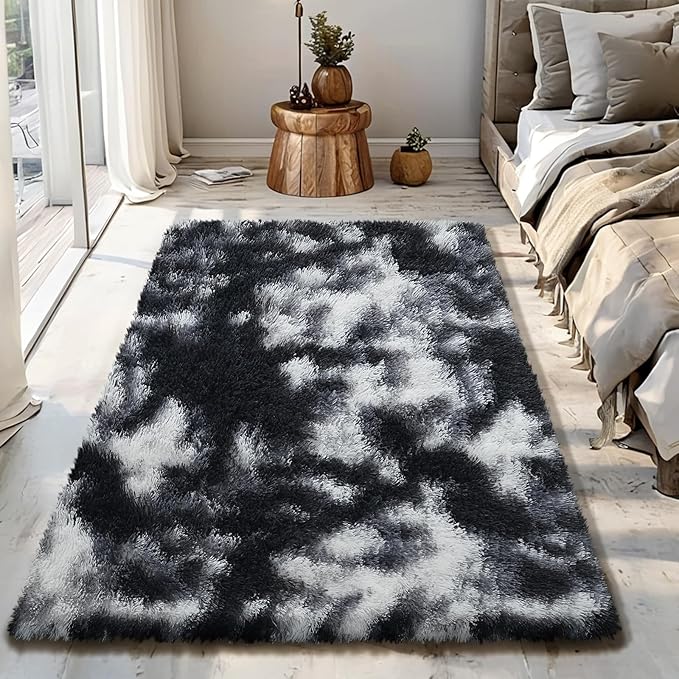 Fluffy Rug Shaggy Area Rug, Mottling Black 3x5 Area Rugs for Bedroom, Small Bedside Rug, Soft Fluffy Shaggy Entryway Throw Rugs for Living Room Bedroom Kids Room Home Decor