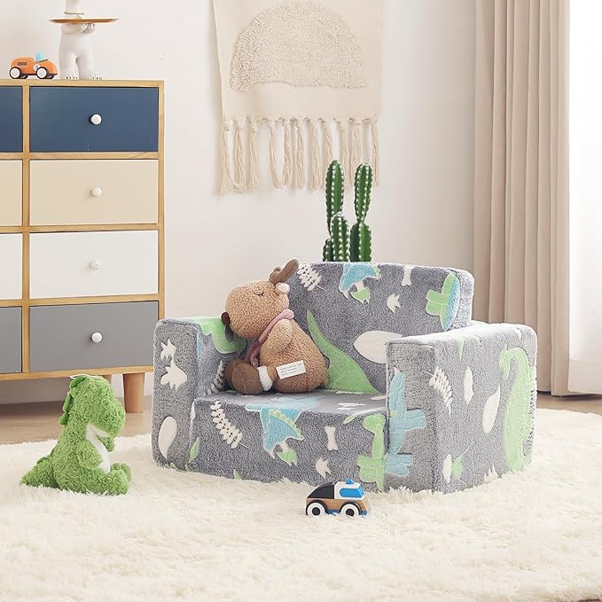 Toddler Chair Kids Couch, 2-in-1 Toddler Soft Sherpa Couch Fold Out Armchair with Removable Cover, Convertible Reading Chair Toddler Sofa for Kids, Glow in The Dark Plush Grey Dinosaur