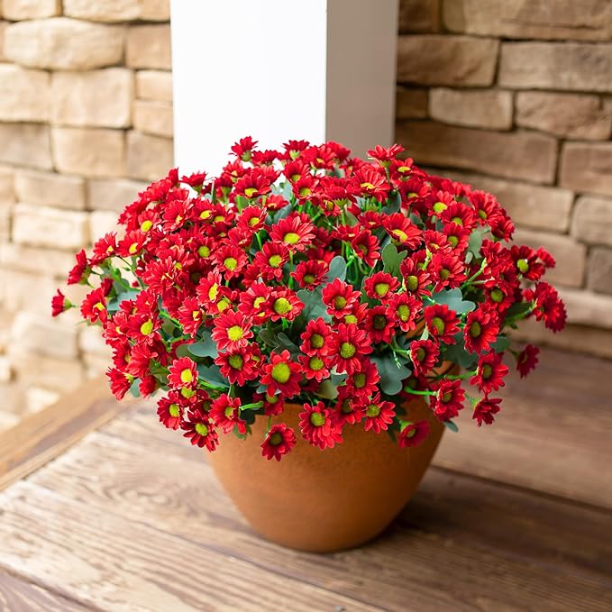 Daisy Artificial Flowers for Outdoors Fall Autumn Decoration, 6 Bundles Fake Mums Red Silk Flowers for Outside Look Real UV Resistant Fake Plants Faux Flowers for Planter Front Door Home Indoor Porch
