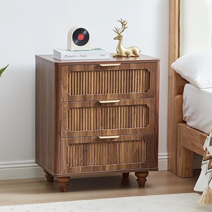 Fluted Nightstand Set 2 22.9'' Wood Nightstands with Drawers Bedside Table Set of 2 Mid Century Drawer Dresser for Bedroom Living Room Walnut