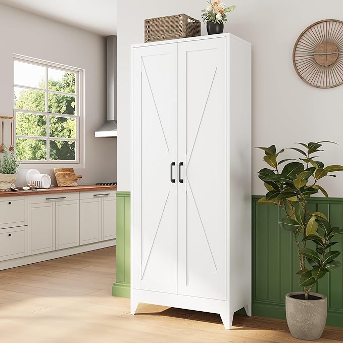 Letaya Storage Cabinet,75" H Metal Kitchen Pantry Cabinets with Doors and Adjustable Shelves,Pantry Organizers for for Cupboard/Office/Garage Room,White