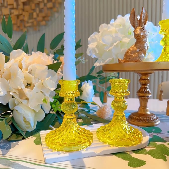 Glass Candlestick Holder,Striped Taper Candle Holders,Set of 6 Candle Stand for Table Centerpieces, Home Decor,Weddings,Festival and Parties (Yellow Dimond)