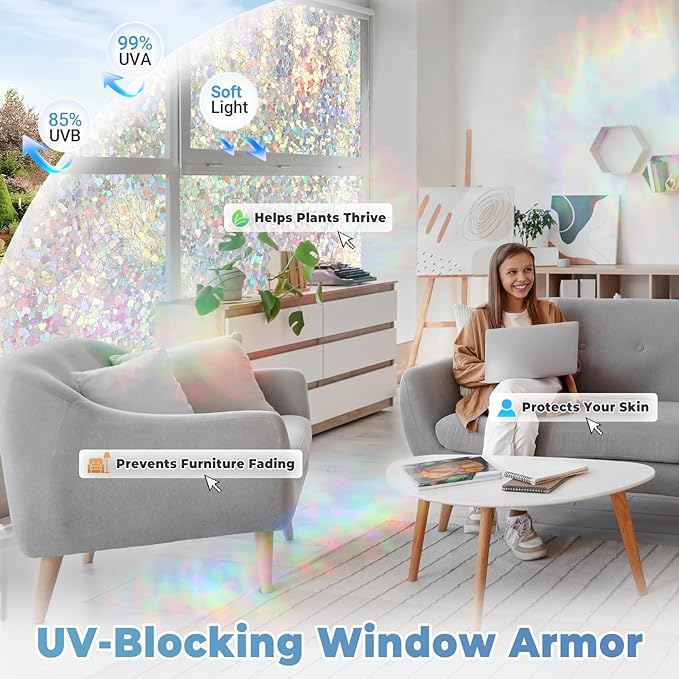 DOWELL Window Privacy Film Rainbow Film, Stained Glass Decorative Sticker, Static Cling Non-Adhesive Glass Clings, Sun Blocking Heat Control Window Coverings for Home Door, 23.6" x 78.7"