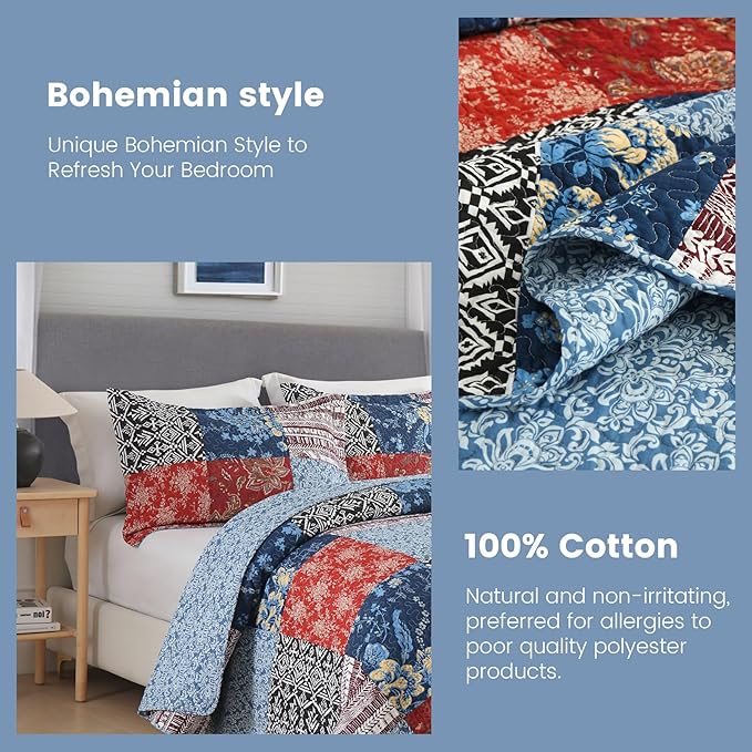 Secgo Twin Comforter Set for Bed - 100% Cotton Quilts Twin Size, Black Bedspreads (68 * 86 Inch) with 2 Pillow Shams, Patchwork Reversible Lightweight Bedding