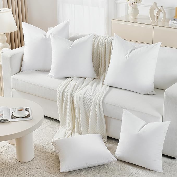 Oubonun 20 x 20 Down Feather Throw Pillow Inserts - Fluffy and Plush Odor-Free Fill - 100% Breathable Cotton Fabric for Couch Sofa Bed, White, Pack of 2