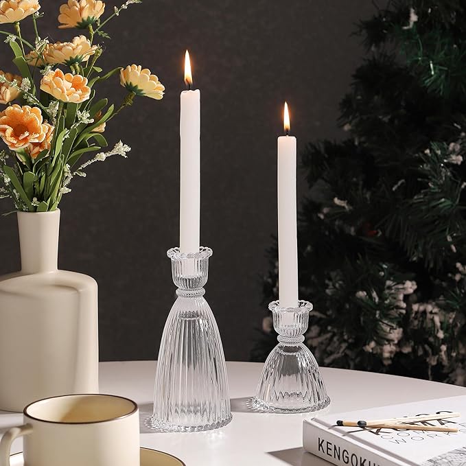 Vertical Stripe Candlestick Holders Set of 3, Premium Glass Candle Holders for Candlesticks and Taper Candles, Vintage Candle Holder Decor for Table Centerpiece, Clear