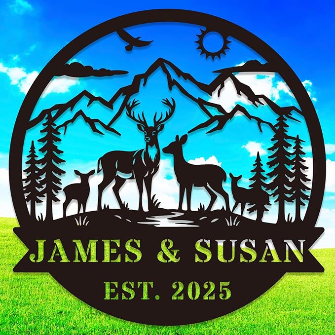 Personalized Rustic Metal Deer Cabin Sign, Outdoor Welcome Sign for Front Porch, Great Custom Metal Name Sign Gift for Hunters, Farmhouse Cabin Decor