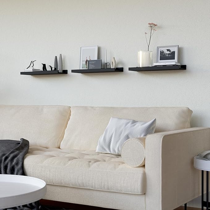 RICHER HOUSE 3 Set Floating Shelves for Wall, Black Wall Mounted Shelves with Lip for Storage, Display Picture Ledge Shelf for Bedroom Bathroom Kitchen Living Room Decor, Modern Black