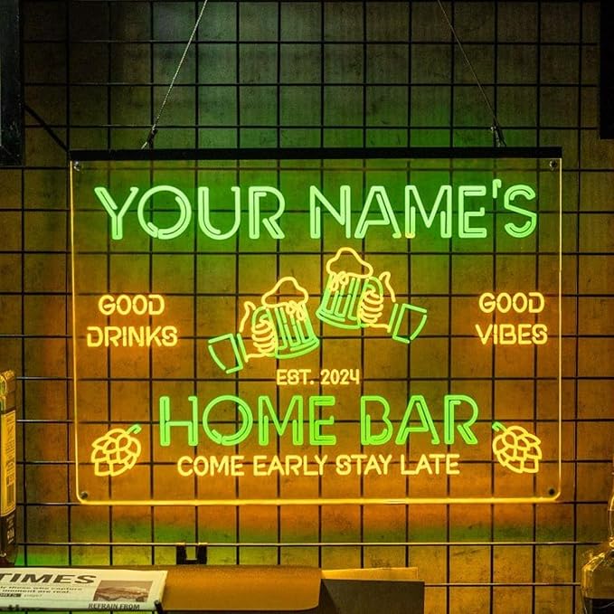 Personalized Bar Signs with Your Name for home wall light up with personalized pub name, man cave accessories, beer themed neon customizable lighted sign