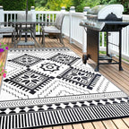 Waterproof Outdoor Rug 8x10ft, Boho Reversible Plastic Straw Mat for Patio RV Deck Porch Backyard Balcony Camping Picnic Beach Indoor Outdoor Carpet, Black&White