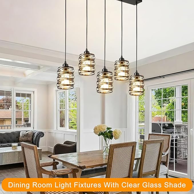 Black Pendant Lights for Kitchen Island Farmhouse Chandeliers for Dining Room, 5-Light Pendant Light Hanging Linear Chandeliers Kitchen Island Lighting with Clear Glass Shades