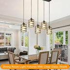 Black Pendant Lights for Kitchen Island Farmhouse Chandeliers for Dining Room, 5-Light Pendant Light Hanging Linear Chandeliers Kitchen Island Lighting with Clear Glass Shades