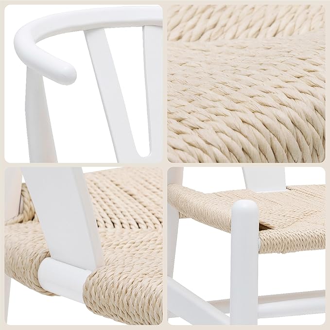 POLY & BARK Weave Dining Chair – Mid-Century Modern Wishbone Dining Chair with Arms, Solid Wood Frame, Indoor Use – White – Single - Ideal for Dining Room, Kitchen or Stylish Accent Setting