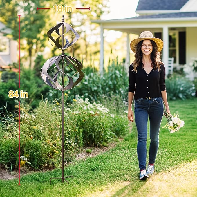 LimeHill Wind Spinner for Yard and Garden - Large Metal Windspinners for Outdoor Decorations (Silver Spherality)