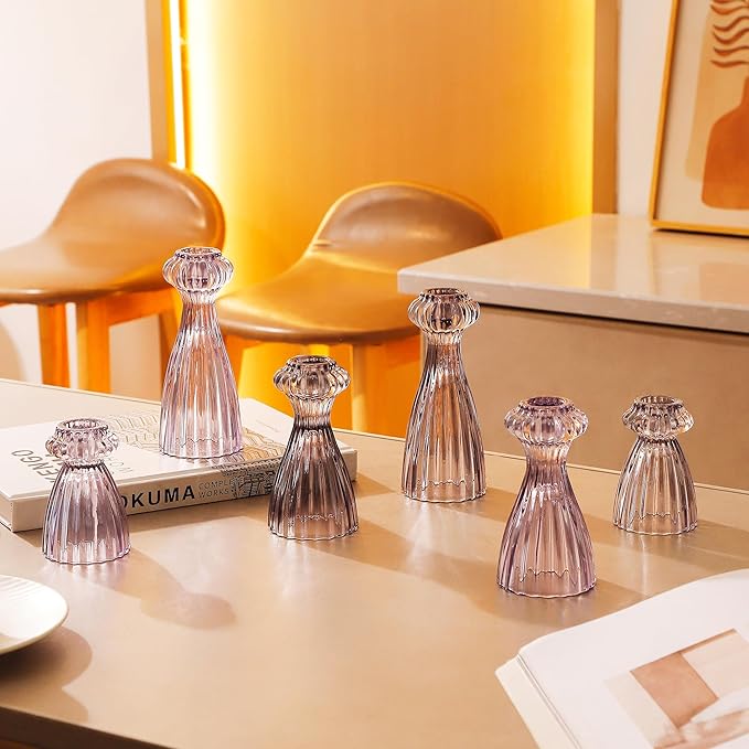 Lysenn Glass Candle Stick Holder Set of 6 – Premium Taper Candle Holders for Romantic Ambiance - Candle Sticks Holder Decor for Special Occasions - Smoke Gray