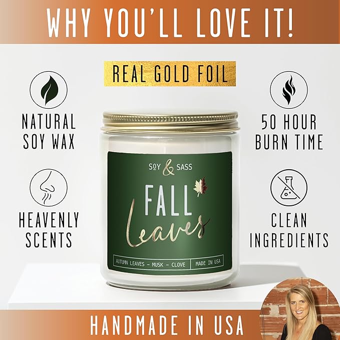 Fall Candles - 'Fall Leaves' Fall Candle w/Autumn Leaves, Clove & Musk I Infused with Essential Oils I Autumn Scented Candles I Cozy Cute Autmn Décor Gifts I 9oz Jar I 50Hr Burn I Made in USA