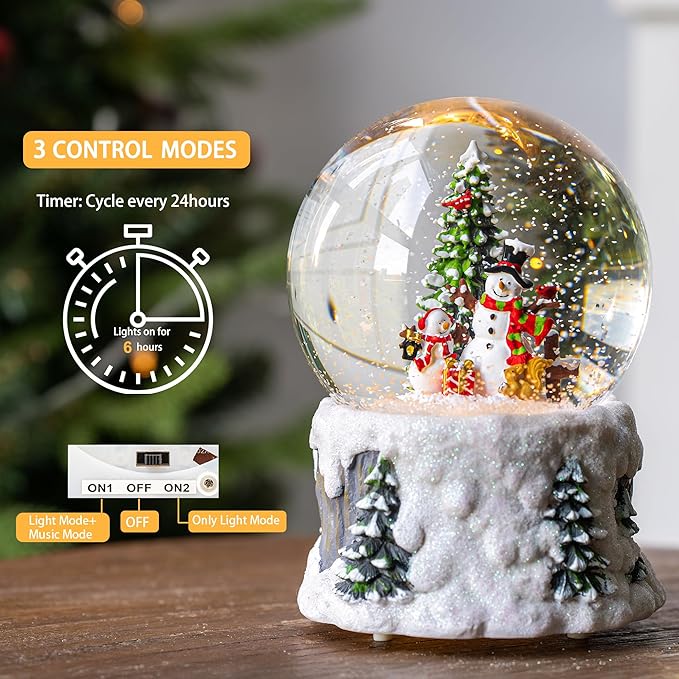 Snowmen Christmas Snow Globe, Musical Lighted with 6H Time Water Lantern with Swirling Glitter, Christmas Holiday Party Gifts and Decorations