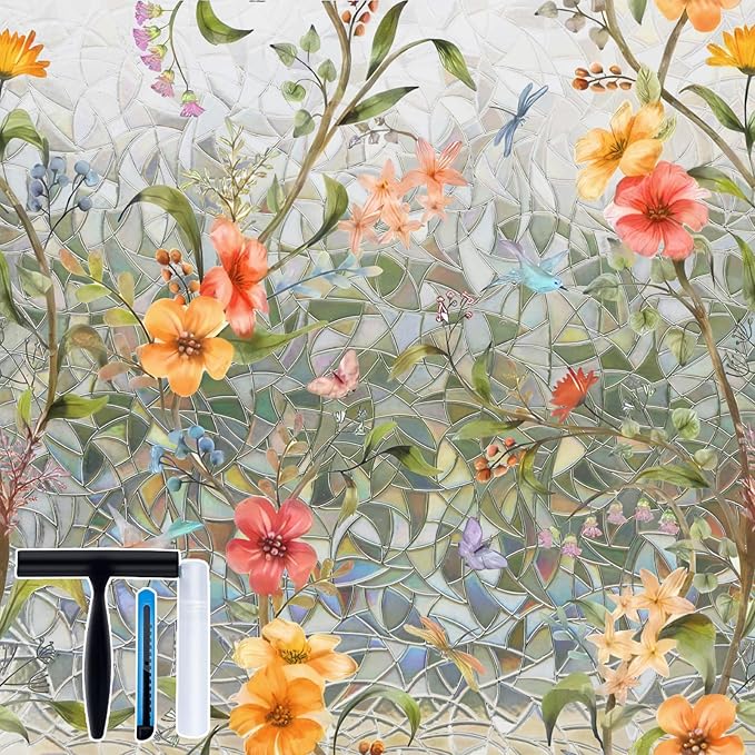 Volcanics Stained Glass Window Film with Installation Tools, Rainbow Window Privacy Film, Decorative Window Clings for Glass Windows, Static Cling Sun Blocking Floral Decals, 17.5 x 78.7 Inch