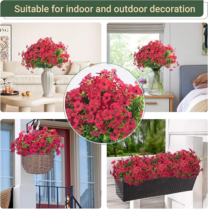24 Bundles Artificial Flowers for Outdoors & Indoors – UV Resistant Faux Plastic Plants for Garden, Patio, Porch, Window Box, Home Decor – Lush & Vibrant Fake Flowers, Red