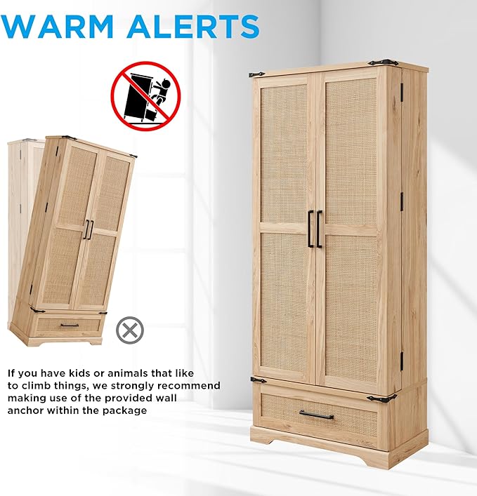 72" Tall Rattan Kitchen Pantry Cabinet with Drawer, Boho Storage Cabinet with 2 Rattan Doors and Shelves, Versatile Large Cabinet for Dining Room, Bathroom, Living Room, Laudry, Natural Oak