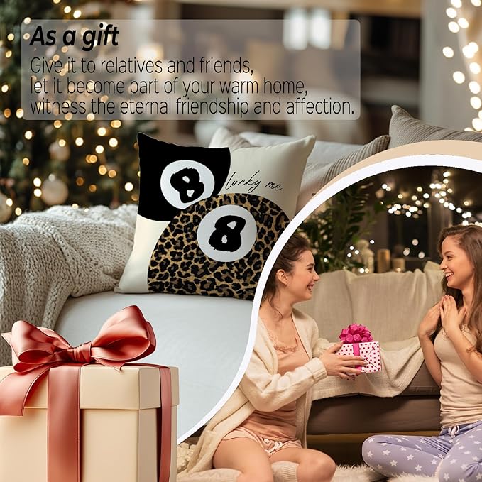 Coquette Pink Bow Leopard Print Lips Lucky 8 Ball Throw Pillow Covers 18x18, Cheetah Room Decor, Funky Y2K Leopard Print Decorative Pillow Covers for Girls Room Dorm Apartment Home