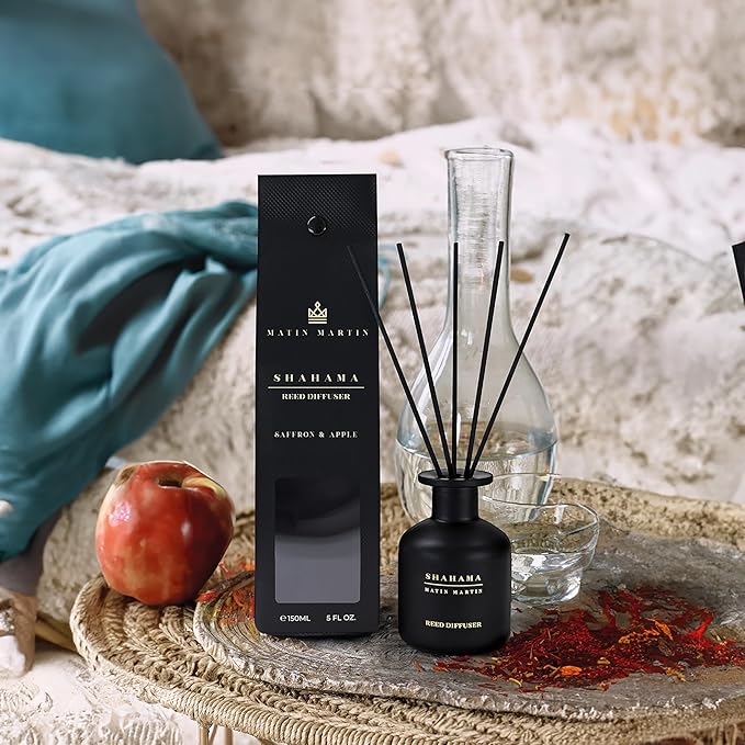 Shahama Reed Diffuser 5 oz - Luxury Aromatherapy with Saffron & Apple - Home Decor Gift for Bedroom, Office, Living Room, and Bathroom - Long Lasting Scent with Premium Fragrance Sticks