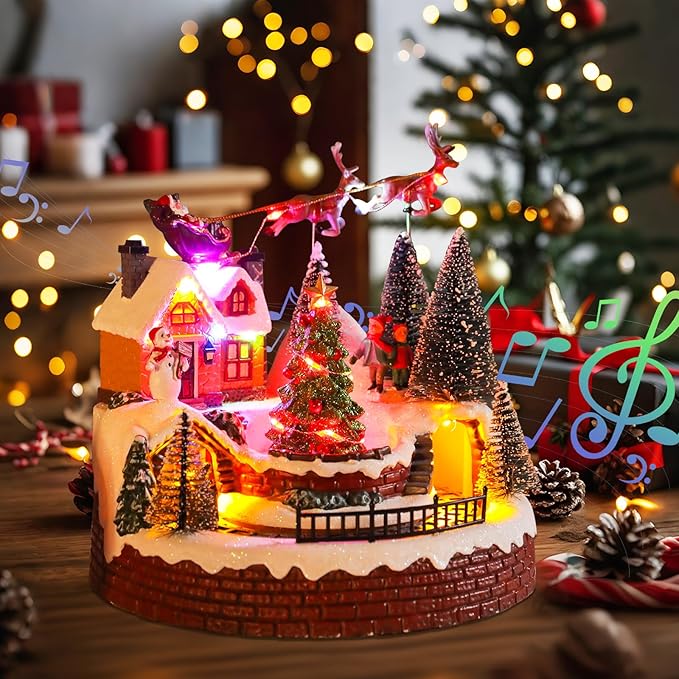 Bdor Christmas Village Tabletop Decoration with Rotating Train, Music and Lights – Lighted Christmas Scene with Santa Sleigh, Tree, and Kids – Battery or Plug Powered