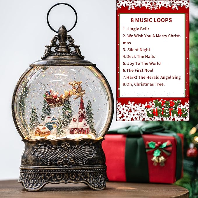 Christmas Village Snow Globe Lighted Flying Santa Scene, Musical Snow Water Lantern Swirling Glittering Home Decoration and Gift, Battery Operated or USB Powered