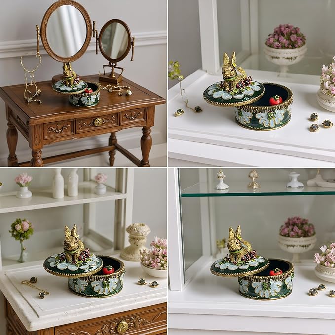 Handcrafted Rabbit Jewelry Box, Antique Gold Finish with Enamel Accents, Vintage Trinket Box for Rings and Small Keepsakes, Decorative Bunny Figurine Ornament