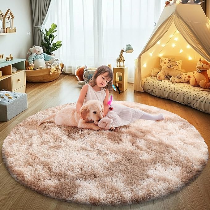 Tie-Dyed Beige Fluffy Round Rug,Soft Area Rugs for Girls Room,Shaggy Rugs 3'X3' for Living Room,Non Slip Circle Rug for Kids Bedroom,Shag Plush Nursery Carpets,Fuzzy Rug for Dorm,Room Decor Carpet
