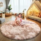 Tie-Dyed Beige Fluffy Round Rug,Soft Area Rugs for Girls Room,Shaggy Rugs 4'X4' for Living Room,Non Slip Circle Rug for Kids Bedroom,Shag Plush Nursery Carpets,Fuzzy Rug for Dorm,Room Decor Carpet