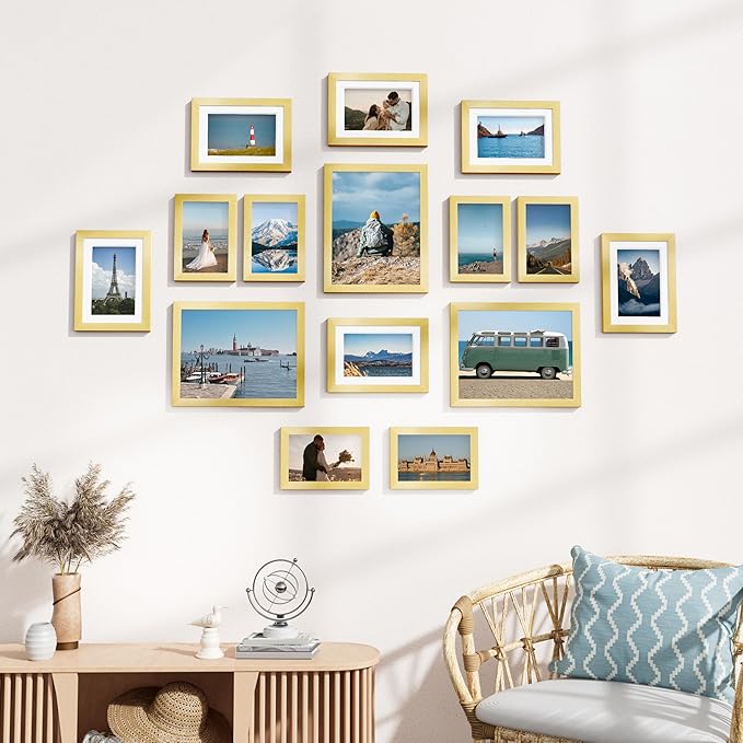 Vittanly 15 Pack Picture Frames Collage Wall Decor for Mounting or Tabletop Display, Gallery Frame Set for Family, Multi Sizes Including 3pcs 8x10, 6pcs 5x7, 6pcs 4x6, Gold
